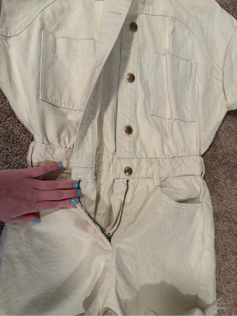 Zara Cream denim Button-Front Short Sleeve Romper - Picture 2 of 4